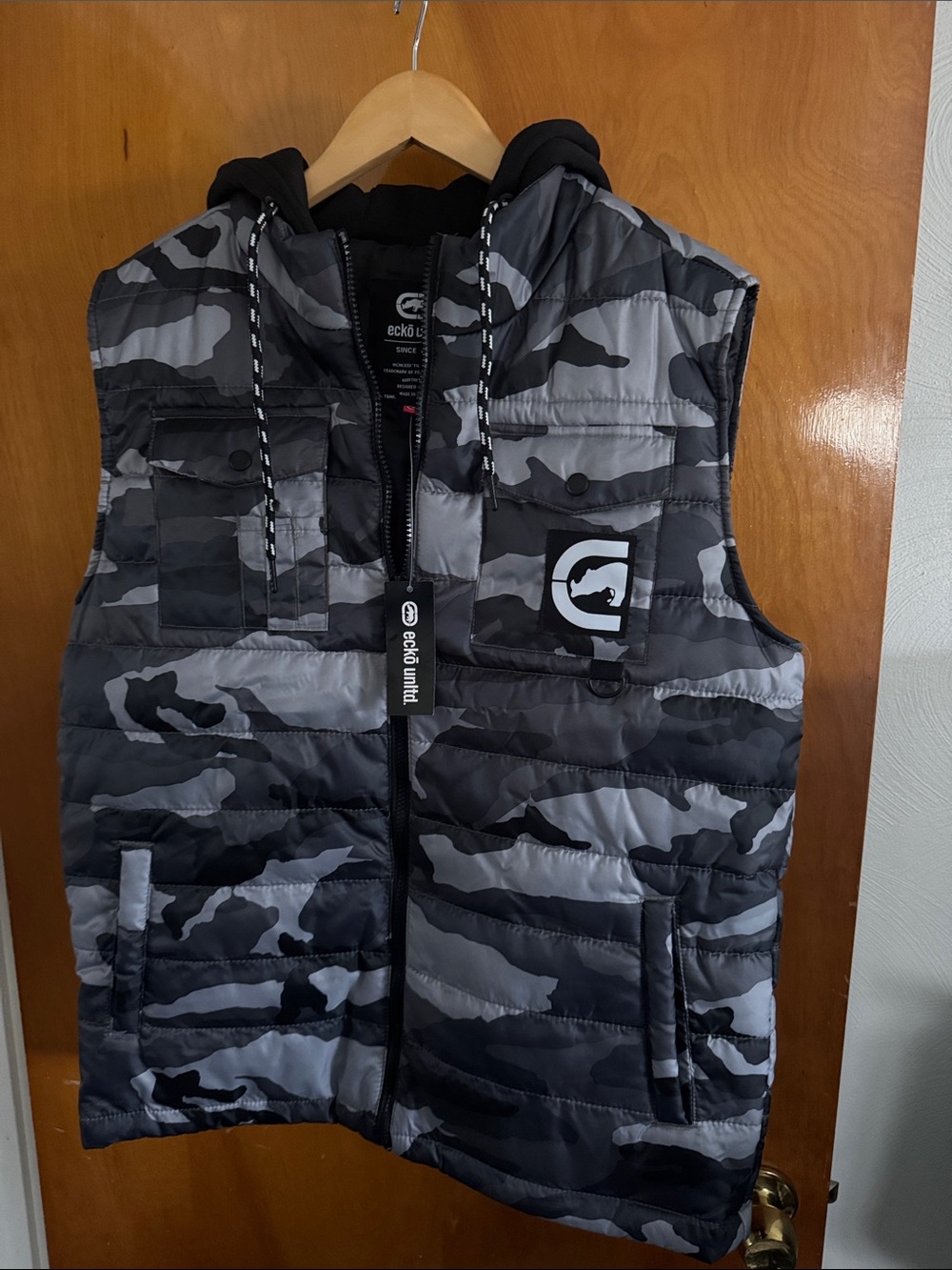 Camo Puffer Vest Mens Medium Black Ecko Hooded